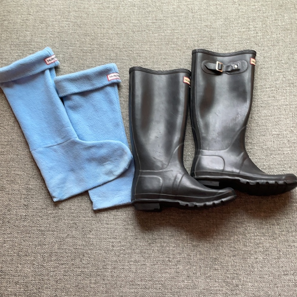 EUC Hunter Tall Black Rain Boots & Blue Fleece Liners, 7